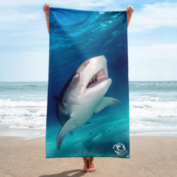 Diver Dena's Adventure Shop-Happy Shark LARGE Beach/Shower Towel